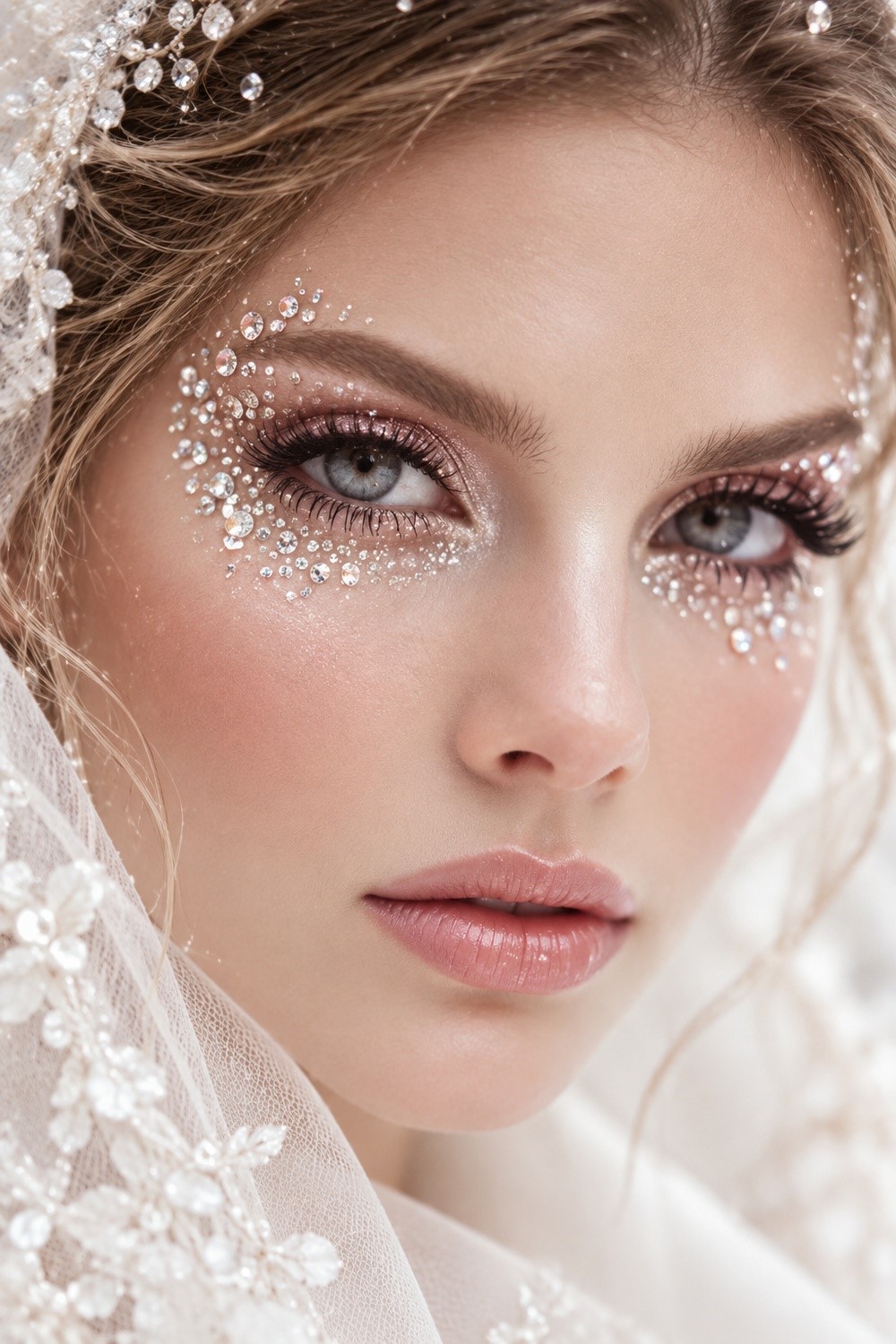 Bridal Face Gems with a Soft Crystal Veil Effect